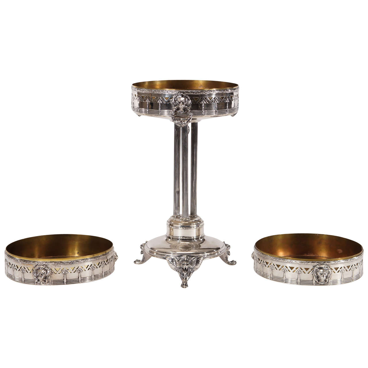 Three-Piece Continental Silver Centerpiece Set with Lion's Head Decorations