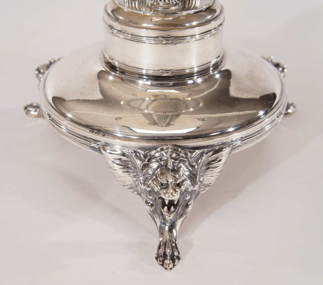 Early 20th Century Three-Piece Continental Silver Centerpiece Set with Lion's Head Decorations For Sale