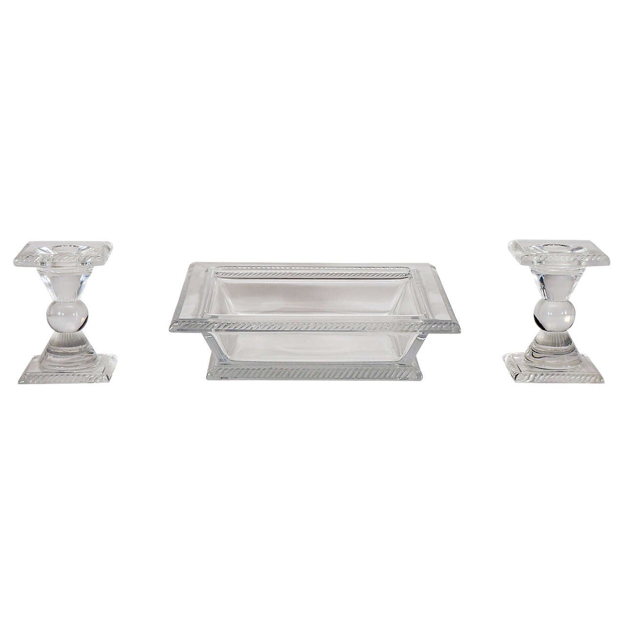 Signed Lalique Art Deco Style Three-Piece Square Centerpiece Set