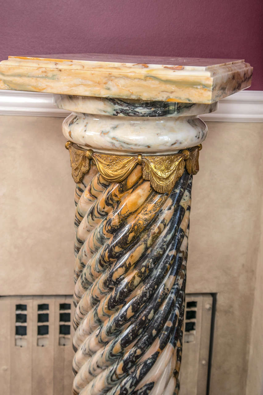 Pair of Palatial Bronze Mounted Twisted Marble Pedestals With Marble Support In Good Condition In Stamford, CT