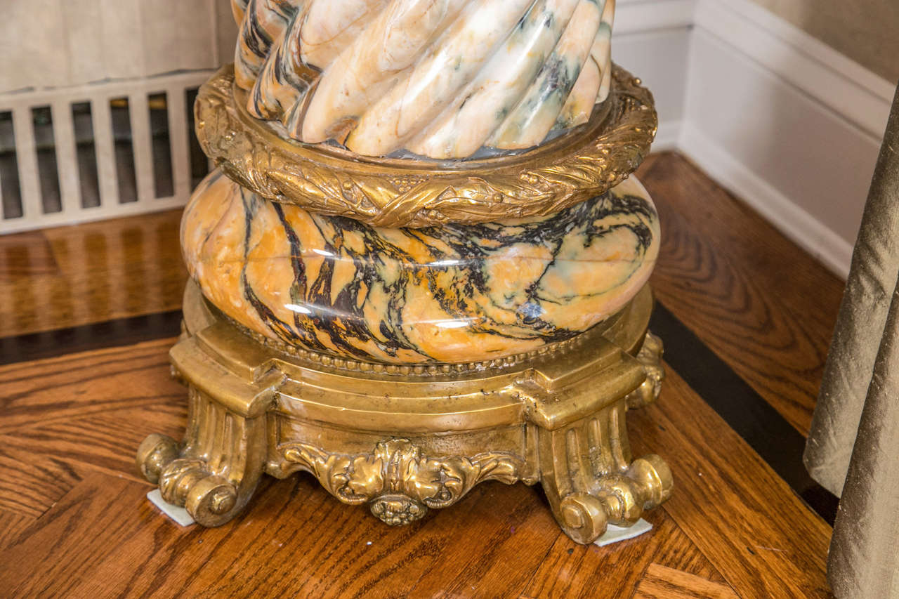 Mid-20th Century Pair of Palatial Bronze Mounted Twisted Marble Pedestals With Marble Support