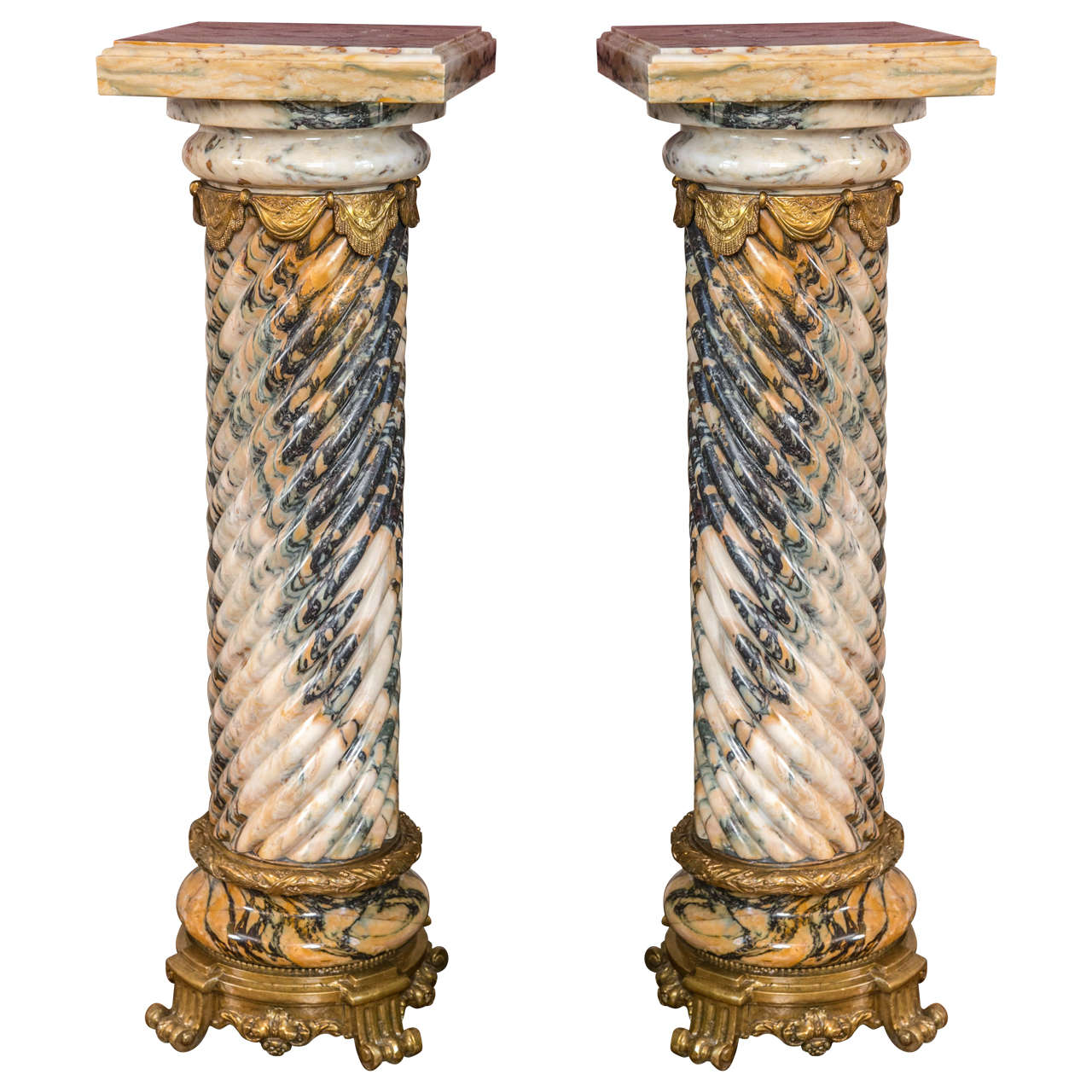 Pair of Palatial Bronze Mounted Twisted Marble Pedestals With Marble Support