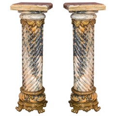 Pair of Palatial Bronze Mounted Twisted Marble Pedestals With Marble Support