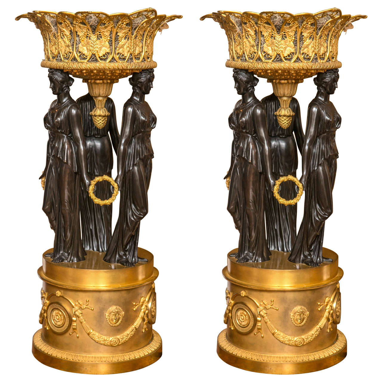 Pair of Palatial Antique Doré and Patented Bronze Figural Planters