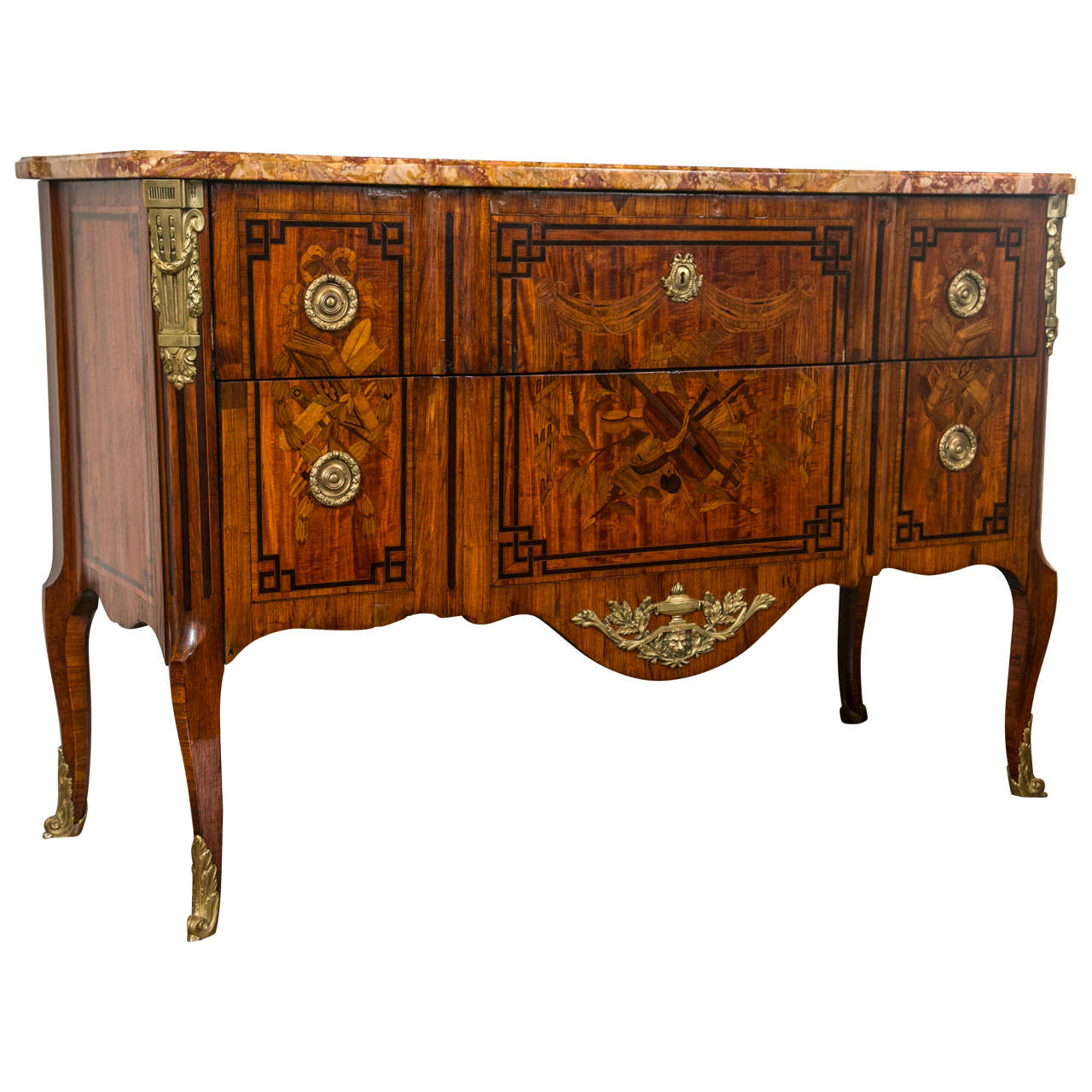 19th Century French Marquetry Marble Top Commode w/ Stunning Musical Inlays