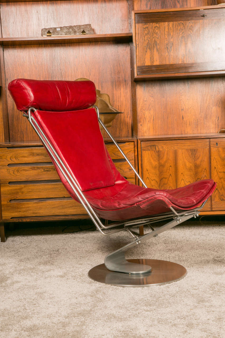 Danish Pair of Stainless Steel and Red Leather Armchairs For Sale
