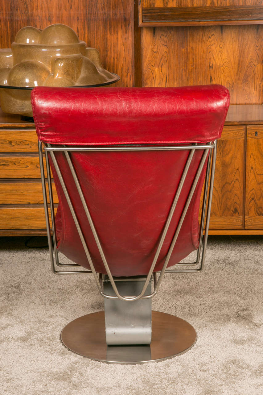 Pair of Stainless Steel and Red Leather Armchairs For Sale 1