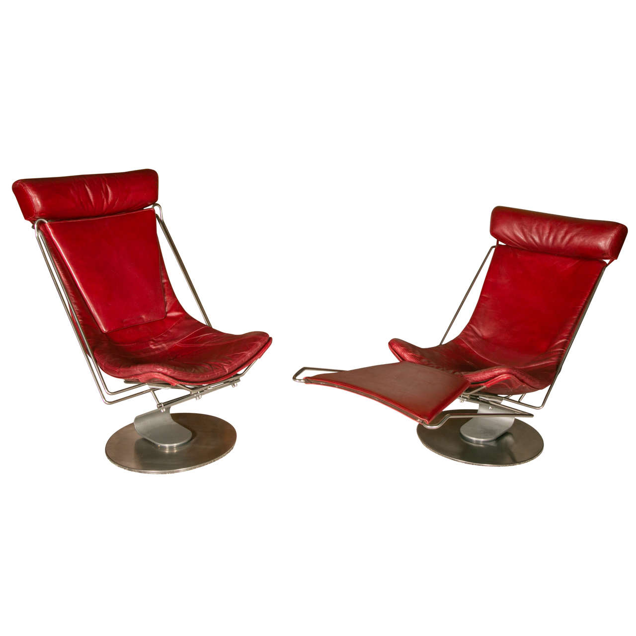Pair of Stainless Steel and Red Leather Armchairs For Sale