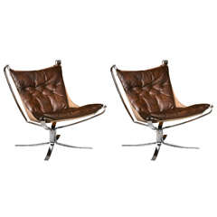 Vintage Paire of Chrome Steel, Canvas and Leather Falcon Armchairs by Sigurd Ressel