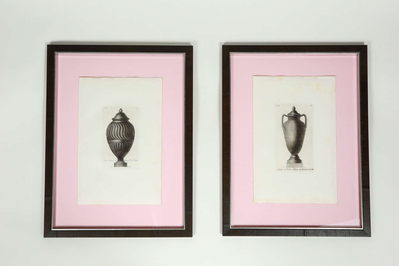 Antique engravings from the 1821 published volumes of vases and tazzas by Carlo Antonini. 

New wooden frame with silver gilded trim. Print floated on pink linen fabric with plexiglass enclosure.

(Left) Vaso Antico nel Museo Pio