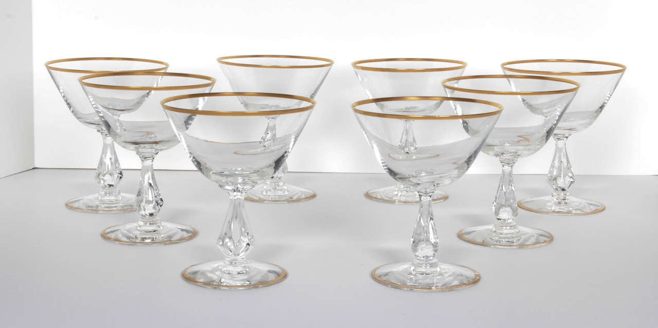 Hollywood Regency Set of Four Mid-Century Cocktail Champagne Glasses with Gold Rim