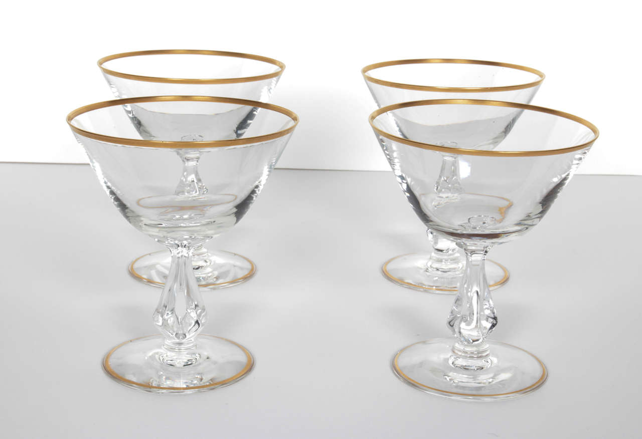 American Set of Four Mid-Century Cocktail Champagne Glasses with Gold Rim