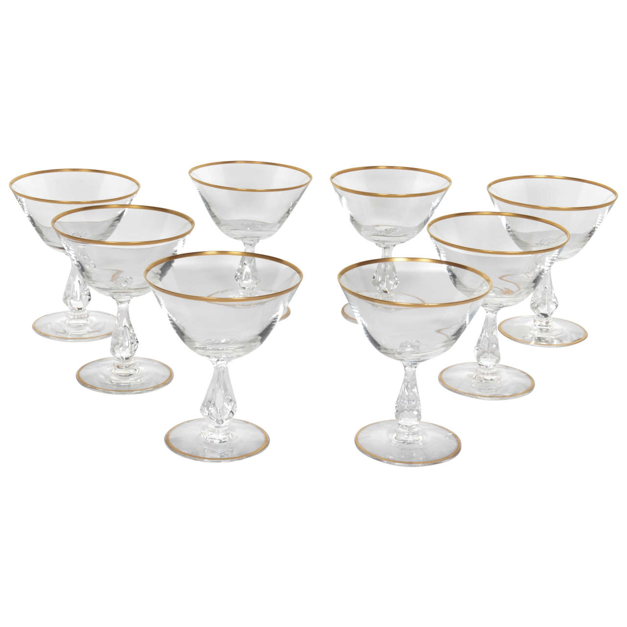 Set of Four Mid-Century Cocktail Champagne Glasses with Gold Rim