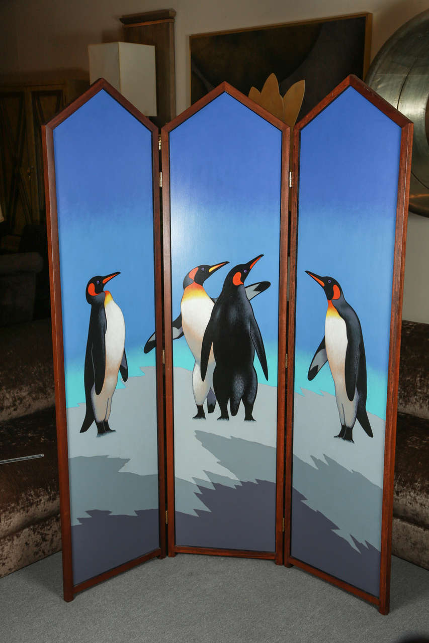 Painted Folding Screen with Penguins by Lynn Curlee