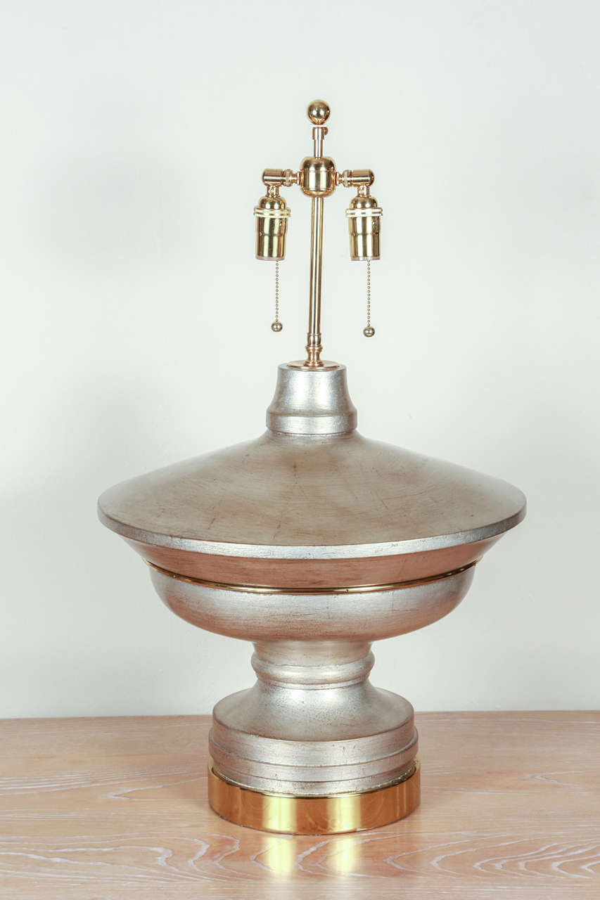 American Pair of Large Silver Leaf Table Lamps in a Flattened Urn Shape