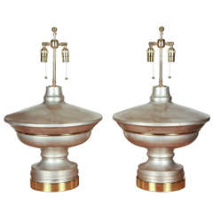 Pair of Large Silver Leaf Table Lamps in a Flattened Urn Shape