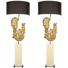 Pair of Table Lamps with Giltwood Element and Ivory Plexiglas Stem Base