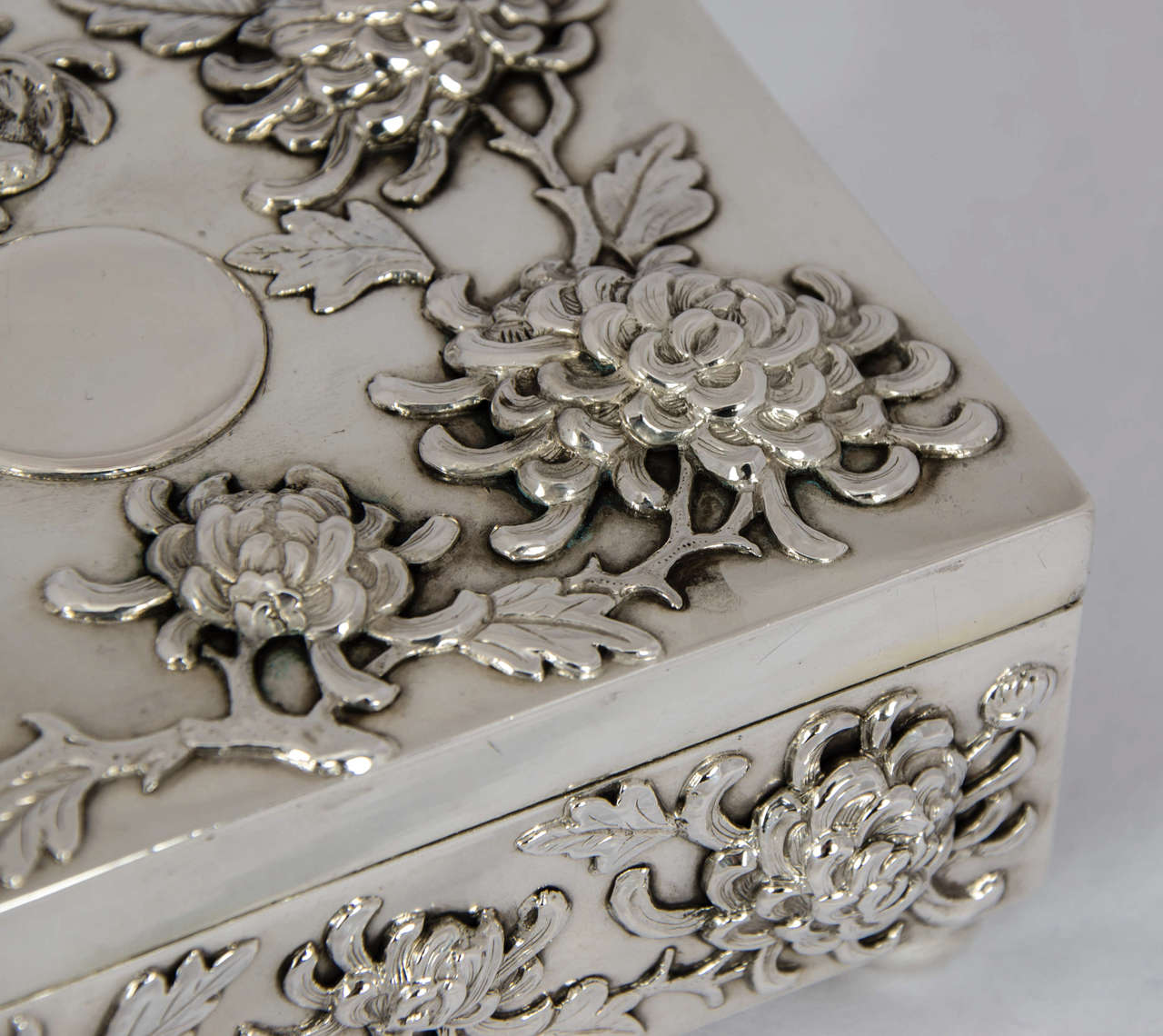 19th Century Chinese Export Silver Box with Chrysanthemum
