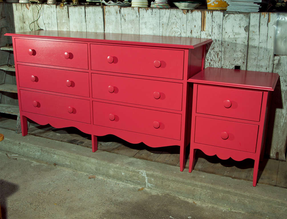 SIX DRAWER DRESSER- ALL SPRAYED STRAWBERRY  COLOR WITH TWO DRAWER NIGHT COMMODE.  DRAWERS ARE ON METAL GUIDES-COMMODE MAY BE PURCHASED SEPARATELY $350.00-21