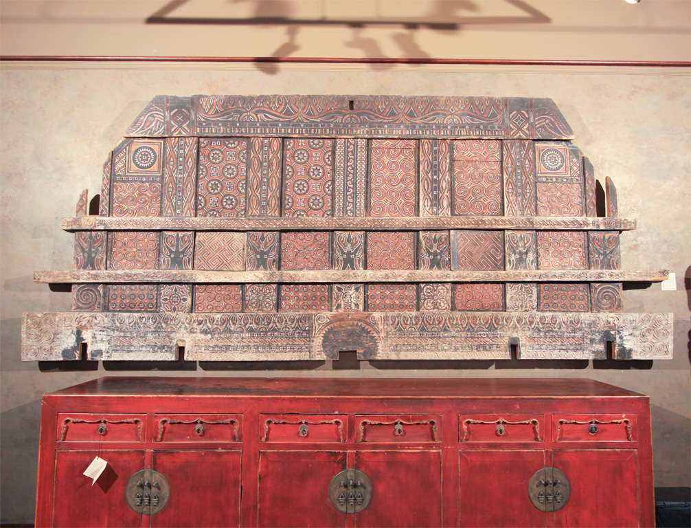 Very Large Indonesian Carved & Painted Wood Wall Panel