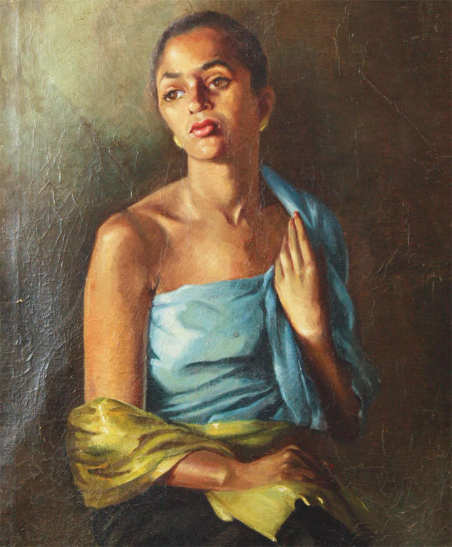French oil on canvas painting of a young Creole woman, signed, circa 1920