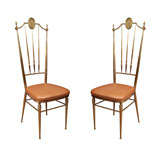Vintage Pair of Neoclassic Chiavari Brass and Leatherette Side Chairs