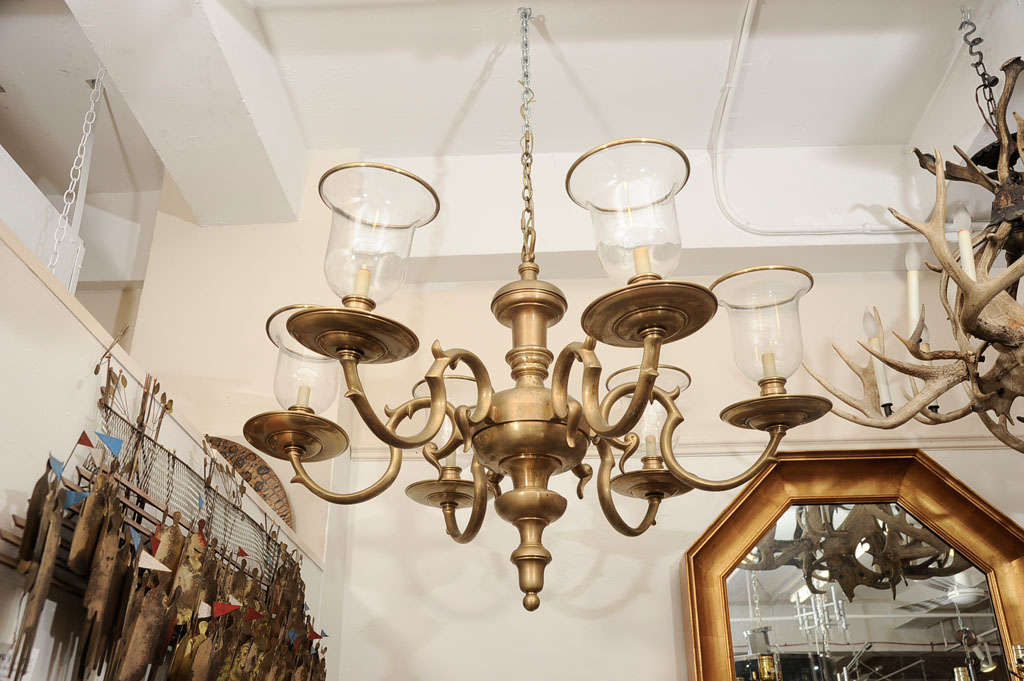 Large Federal Style Six Light Brass Chandelier with Glass Shades In Good Condition In New York, NY