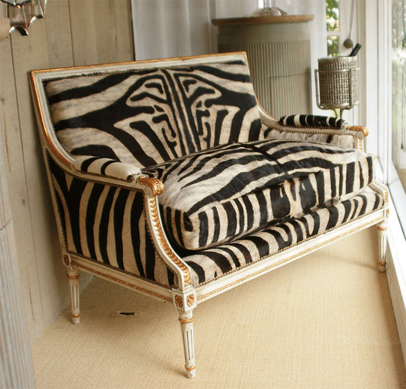 Fabulous Louis XVI giltwood and painted settee with zebra upholstery