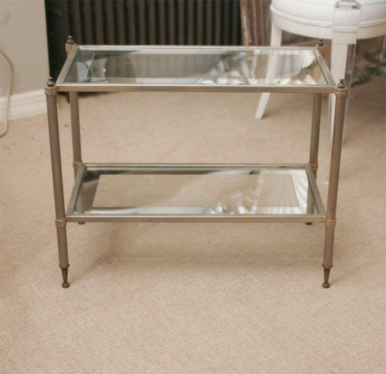 French 2-tier metal side table with inset mirror frame glass supported by reeded columns and tapered feet