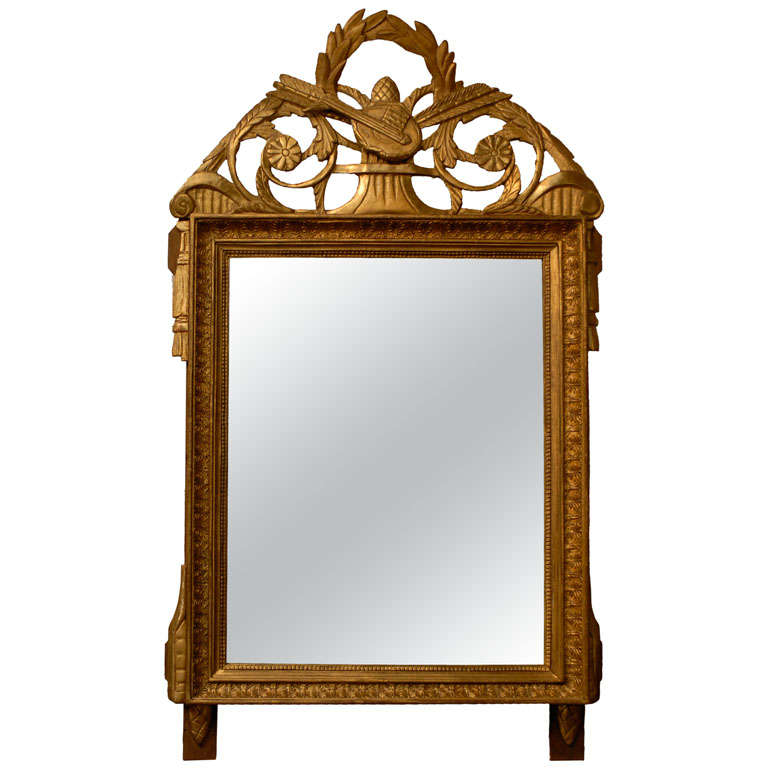 French Louis XVI Period Late 18th Century Giltwood Mirror with Carved Crest