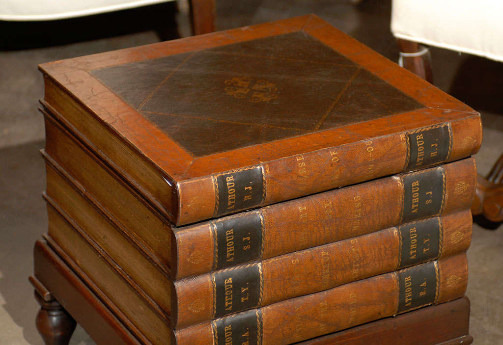 English 20th Century Wooden Leather-Bound Faux Book Table with Hidden Storage 1