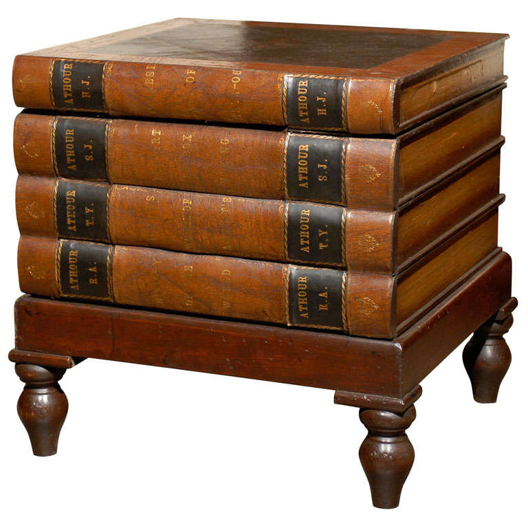English 20th Century Wooden Leather-Bound Faux Book Table with Hidden Storage