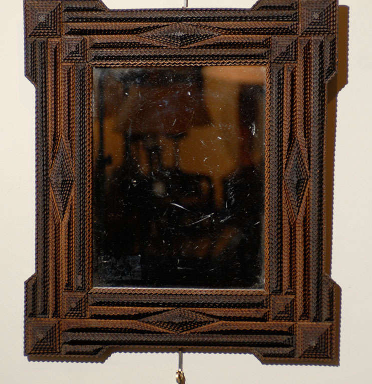 Folk Art Petite French Tramp Art Mirror from the Late 19th Century with Linear Frame
