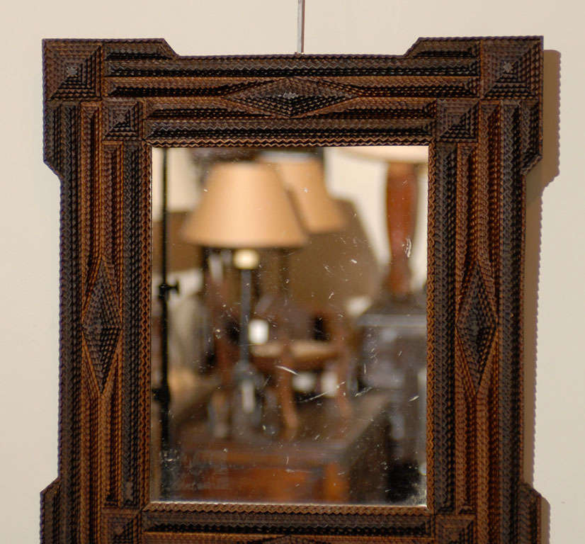 Hand-Carved Petite French Tramp Art Mirror from the Late 19th Century with Linear Frame