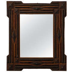Petite French Tramp Art Mirror from the Late 19th Century with Linear Frame