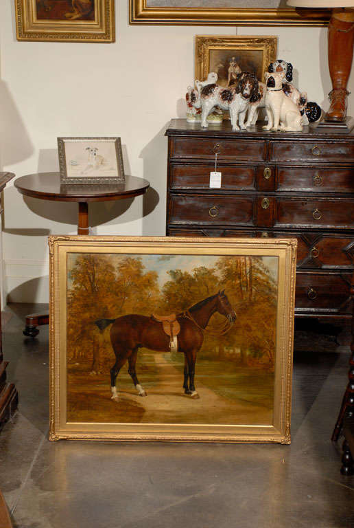 English oil painting of saddled horse in gilt frame, indistinctly signed, attributed to John Vine.