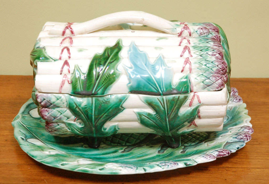 A Majolica Asparagus Server with underplate and lid, English, c. 1885
