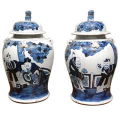 A Pair of Large Chinese Ming-Style Blue and White Porcelain Jars