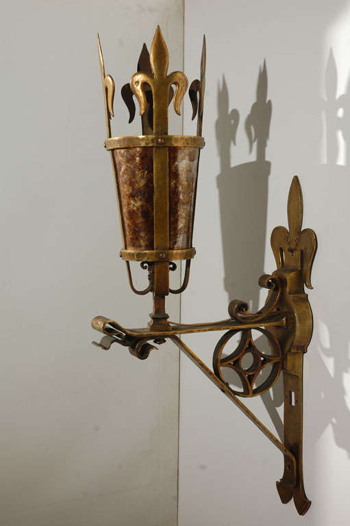 Beautifully wrought brass sconces from France. New mica.