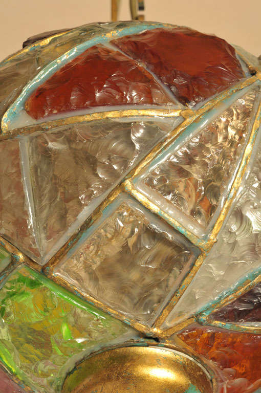 Italian Murano Multicolored, 1970s Flush Mount Brass Brutalist Textured Glass Fixture
