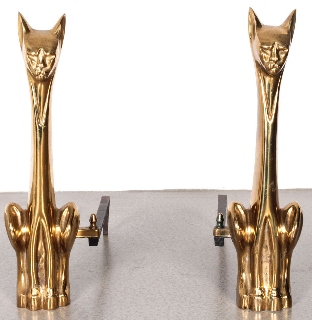 American Polished Brass Cat Andirons