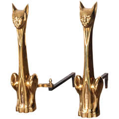 Vintage Polished Brass Cat Andirons