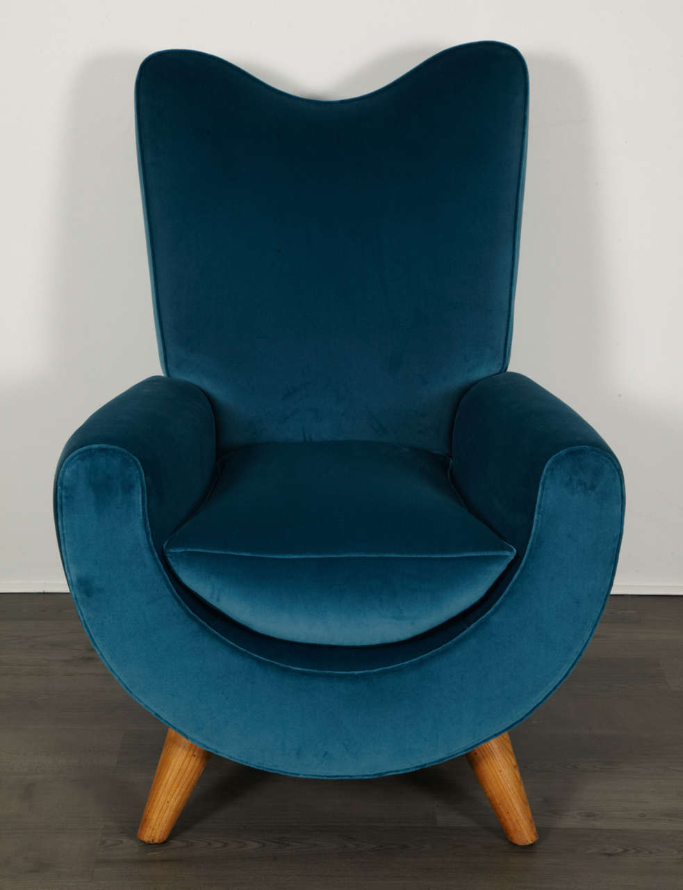 Persian Jean Royère, Pair of Velvet and Oak Armchairs, 