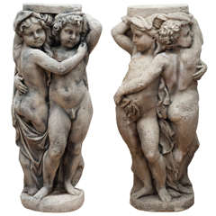 Antique Pair of  Embracing Putti Stone figures