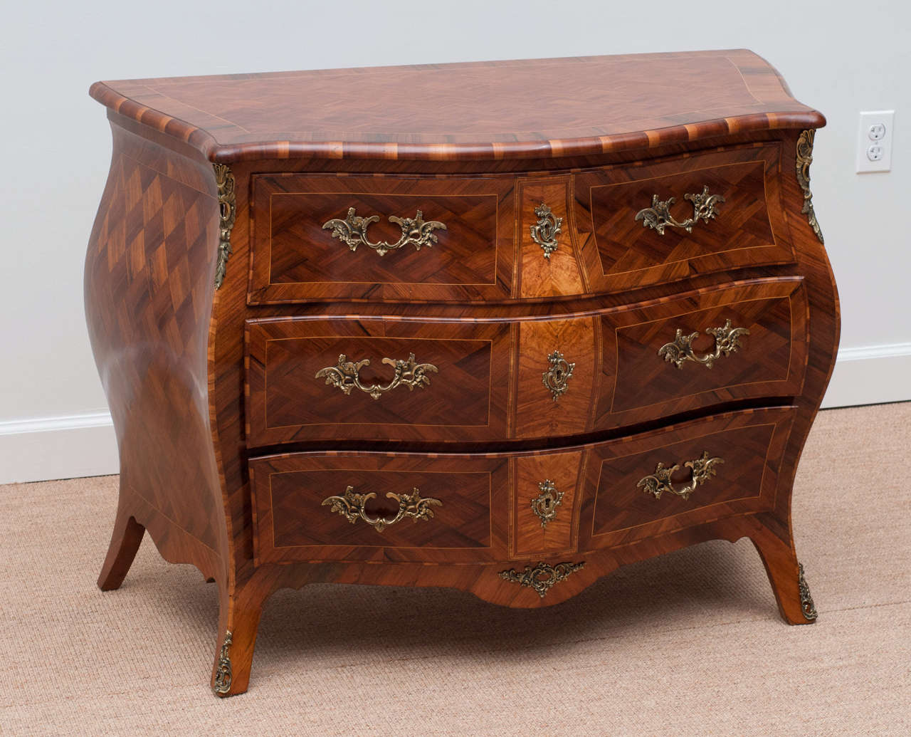 Swedish Walnut and Kingwood Parquetry Bombe Commode