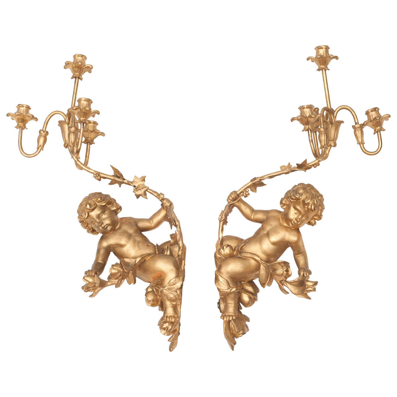 Pair of Italian Gilded Putti wall sconces For Sale