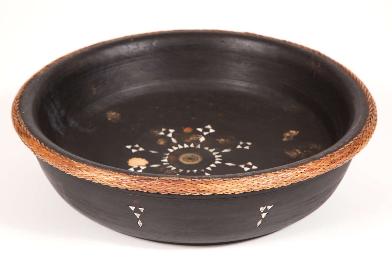 Only one bowl available.  Ebonized finish with ethnic patterns.  Some light chips and signs of natural distressing over time.