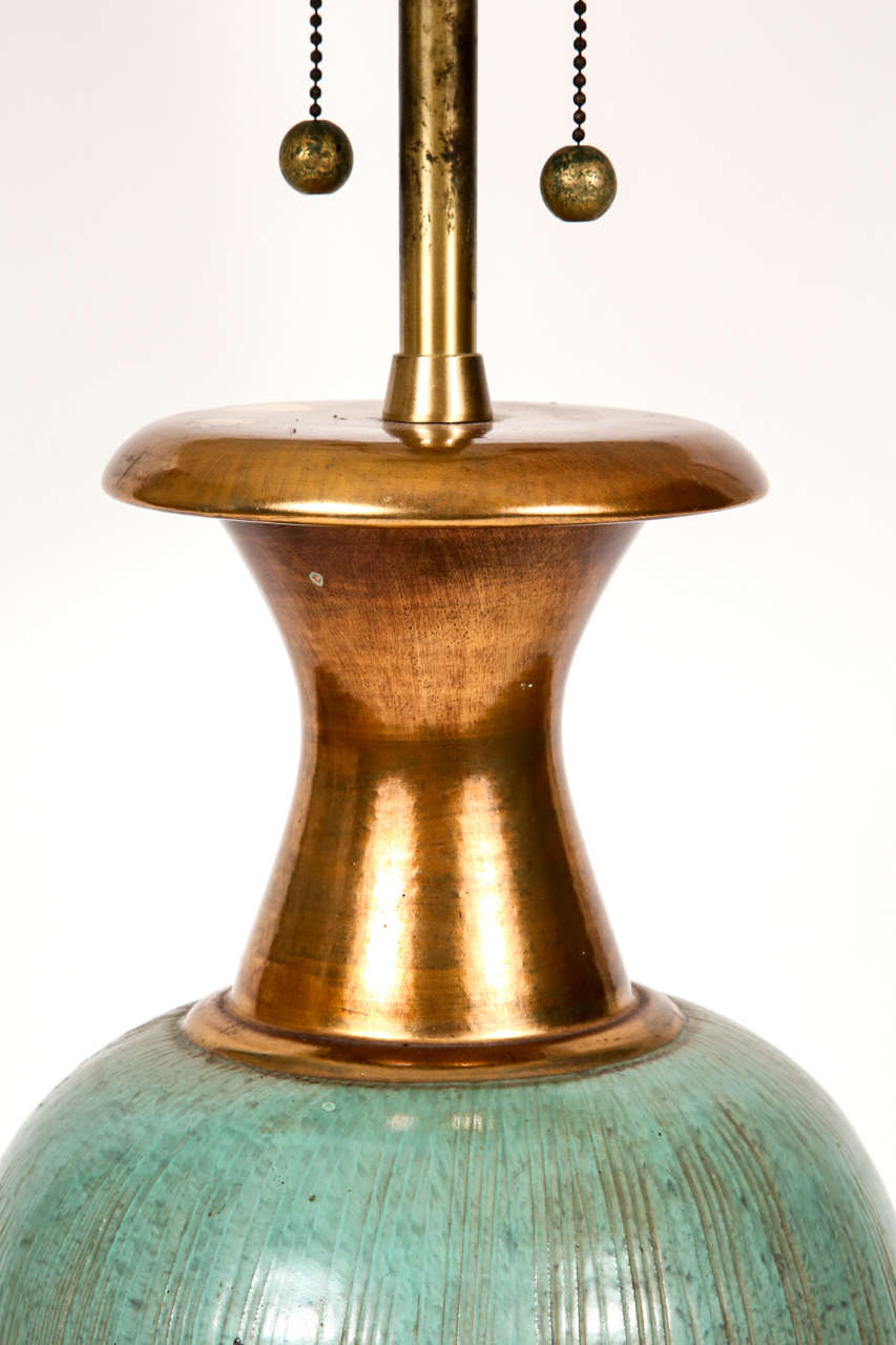 Mid-20th Century Pair of Aquamarine Ceramic Table Lamps For Sale