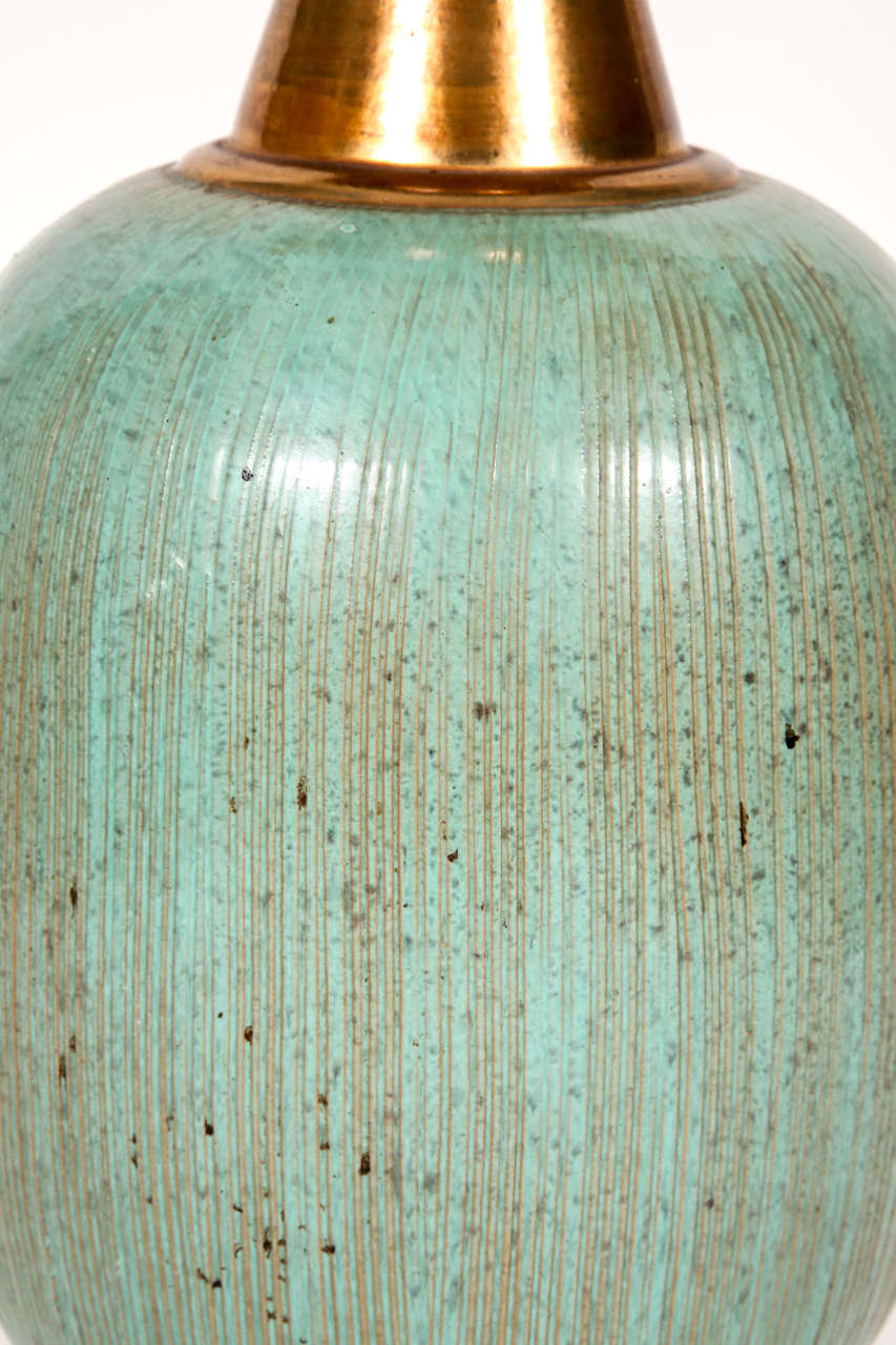 Pair of Aquamarine Ceramic Table Lamps For Sale 1