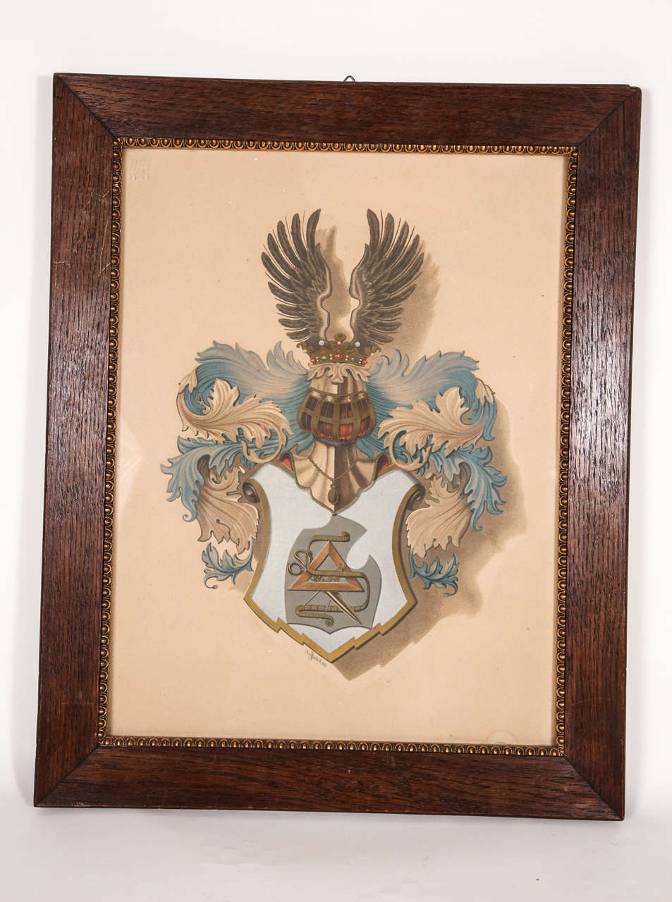 Vintage print of a heraldic crest on paper with distressed wooden frame.